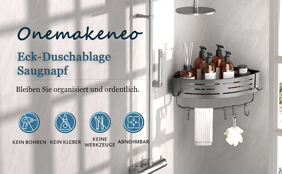 Двомісне куткове поличок для душу без свердління з присосками, водонепроникний органайзер для ванної кімнати, з тримачем для рушників, для шампуню та гелю для душу, чорний матовий (1 шт. сірий кутовий поличок для душу)