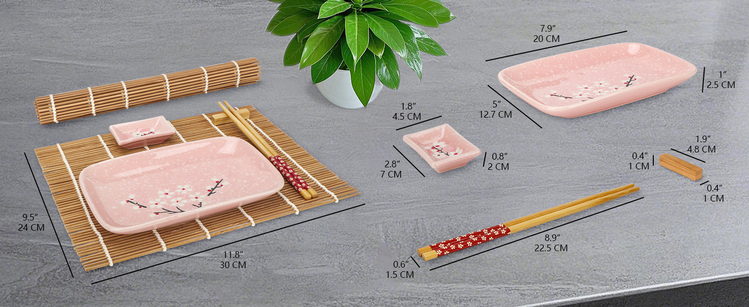 Набір для суші Exzact (10 шт.) – 2 тарілки, 2 миски для соусу, 2 підставки під столові прилади, 2 пари паличок для їжі – високоякісний фарфор, у подарунковій коробці – блакитний колір