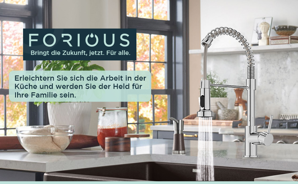 Кран кухонний FORIOUS з високим вигином, висувною лійкою, 360° поворот, 2 режими, нержавіюча сталь (шліфована/полірована)