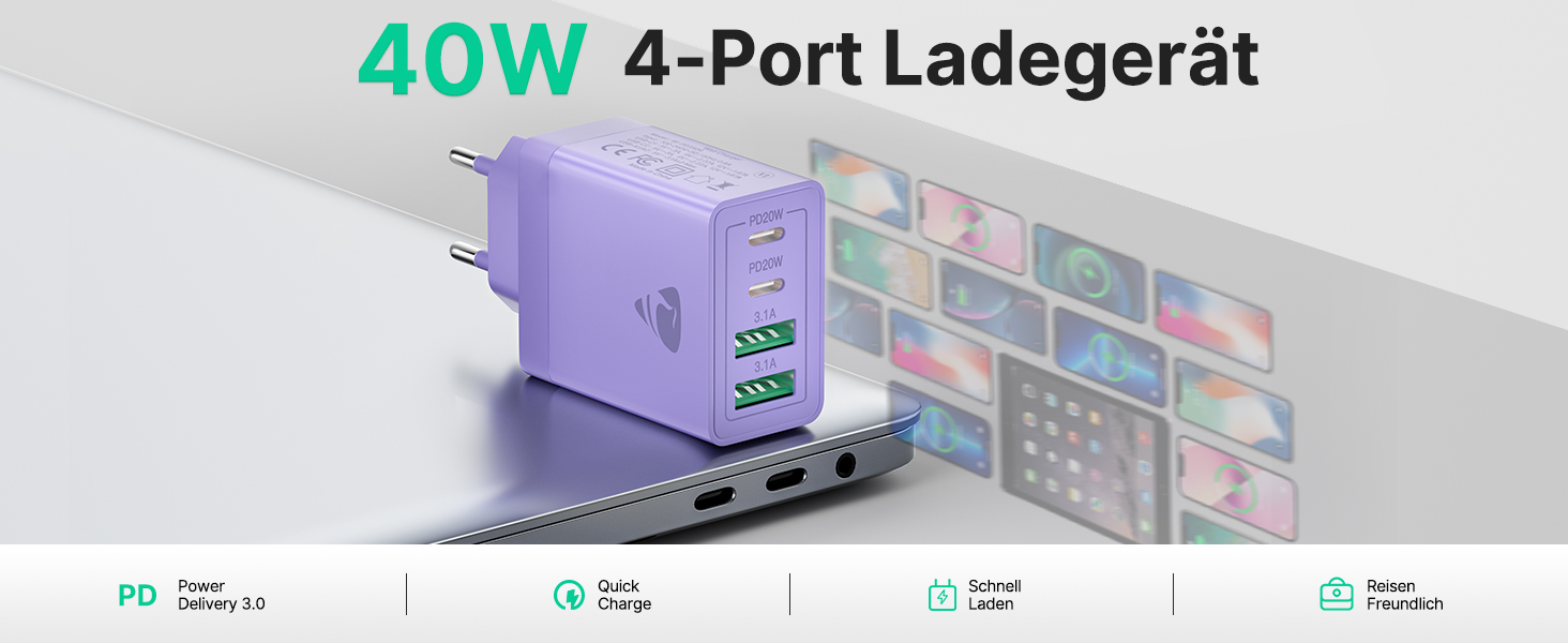 Зарядний пристрій USB-C 40W, 4 порти, швидка зарядка PD 3.0 для iPhone 14 Pro Max, iPad, Samsung та інших смартфонів, фіолетовий