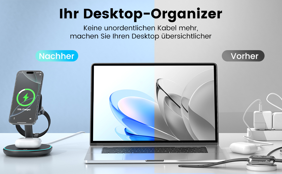 3-в-1 Зарядний пристрій MagSafe, 15W Швидка Бездротова Зарядка, Індукційна Зарядка для iPhone 16/15/14/13/12, Розумний годинник, AirPods Pro/2/3 - Чорний