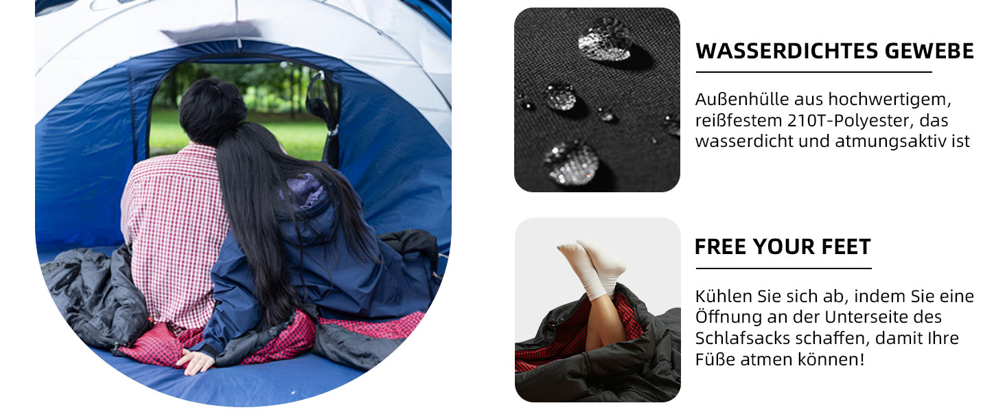 Спальний мішок для дорослих – широка прямокутна модель на 3 сезони з кишенею та сумкою для перенесення, 300 г/м² бавовна, водонепроникний, для кемпінгу, дому та відпочинку на природі, блискавка з правого боку