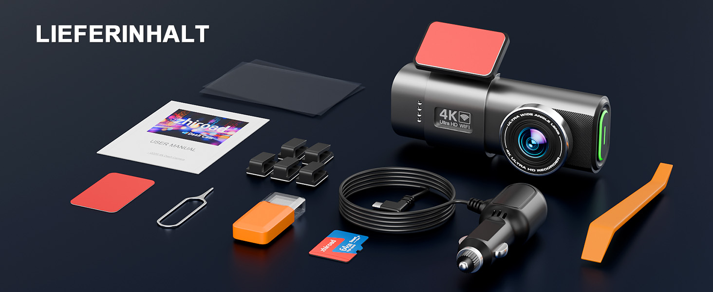 Відеореєстратор 4K WiFi з App-керуванням, 64GB SD-карта, кріплення, IPS 1.47', 170° кут огляду, Нічне бачення, WDR, G-сенсор, циклічна запис, 24/7 паркувальний режим