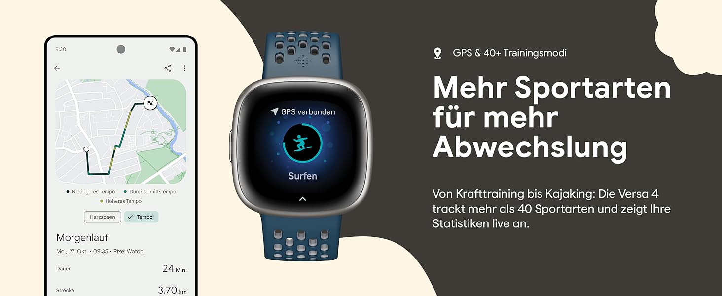 Смарт-годинник Fitbit Versa 4 – фітнес-трекер з GPS, телефоном, 6 днів роботи батареї, 40+ режимів тренувань, сумісний з Android/iOS, Sandrosa/Aluminium (Кораловий рожевий)