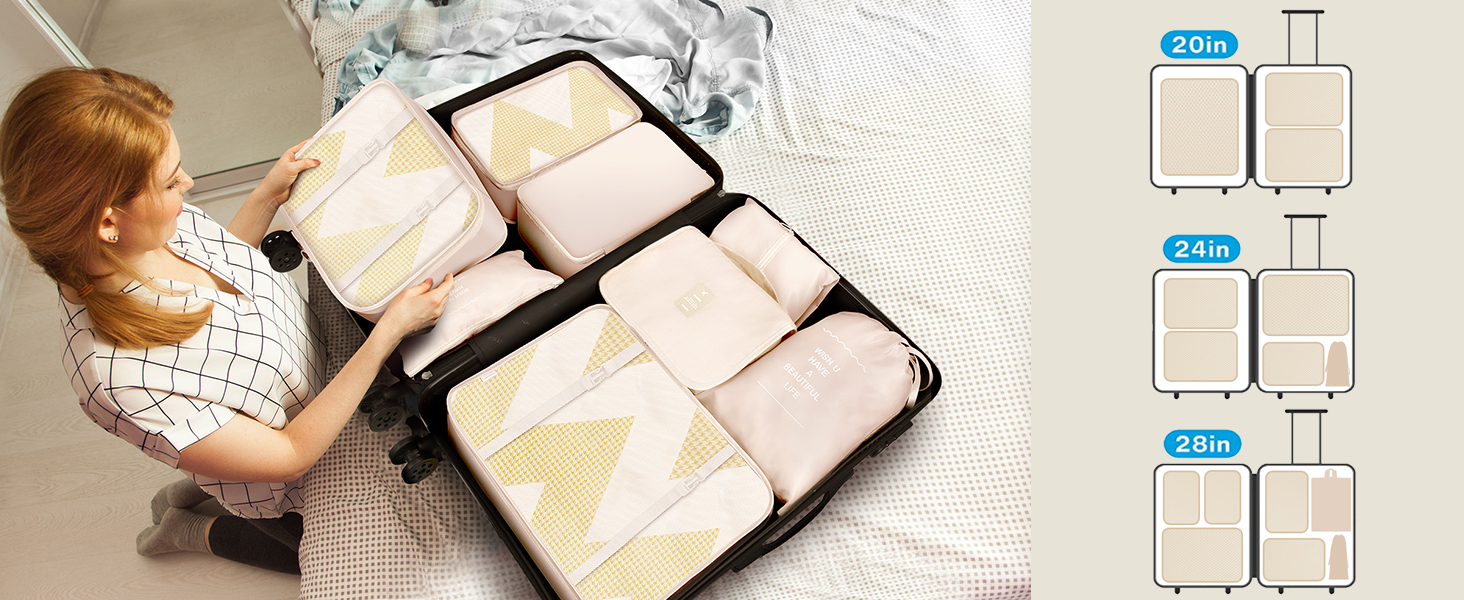 Набір органайзерів для валізи MURISE (8/6 шт.) - кубики для пакування, система організації подорожей, бежевий колір