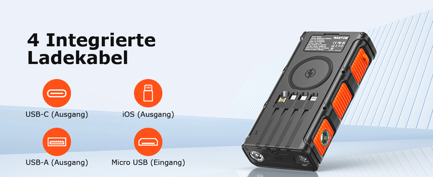 Повербанк сонячний Wireless 26800mAh з ручною зарядкою та 4 кабелями, Power Bank USB-C швидка зарядка, 7 портів, водонепроникний для кемпінгу, помаранчевий