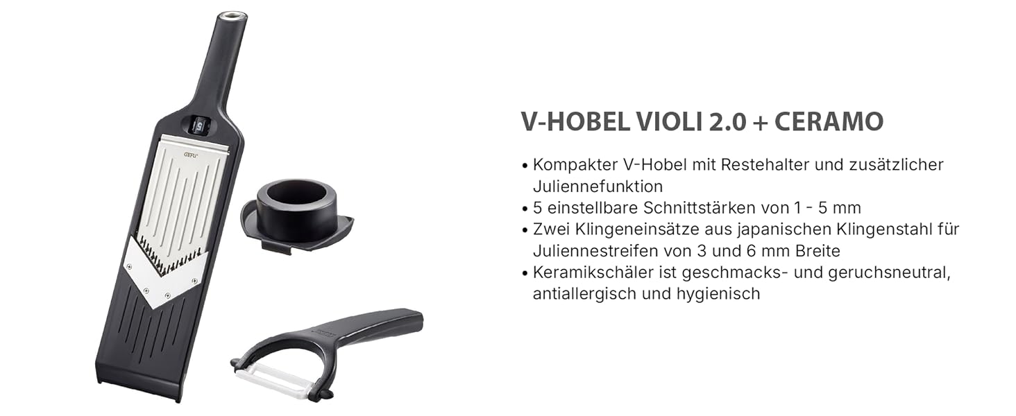 GEFU V-Hobel Julienne: для ідеальних овочевих та фруктових слайсів та жульєнів (Violi 2.0, керамічний ніж)