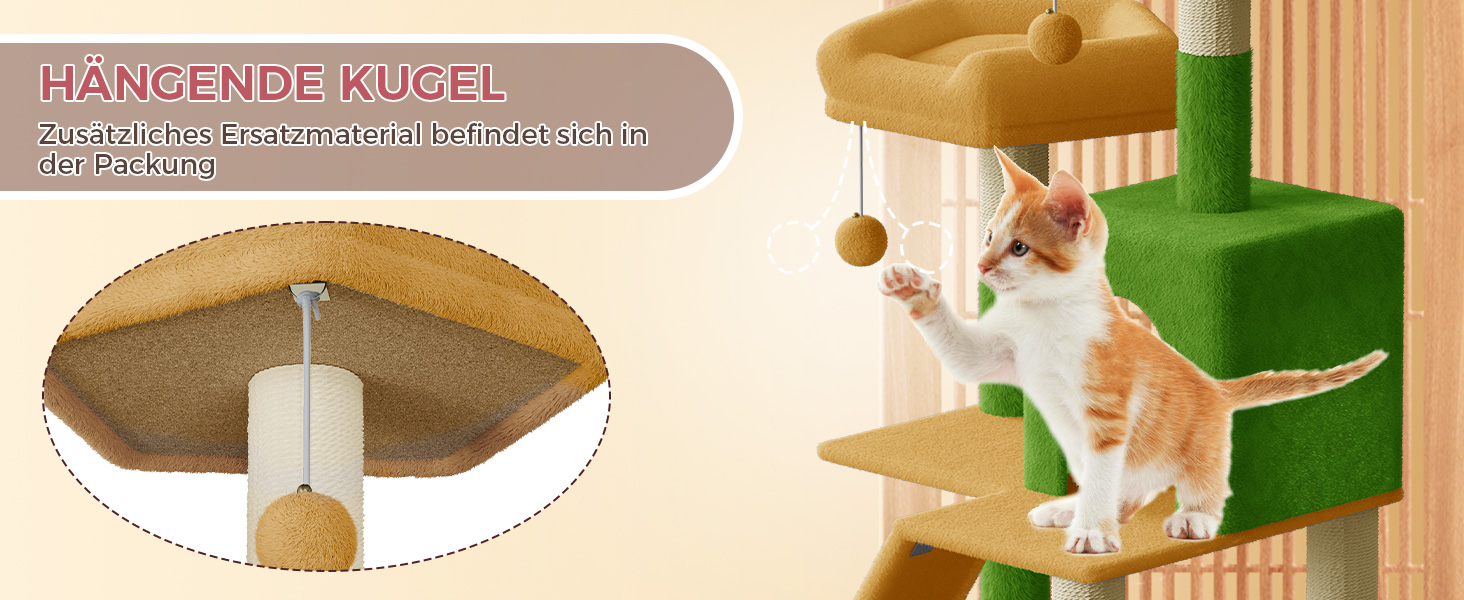 Великий котячий комплекс Kratzbaum 208 см з 3 анти-нахилом, 15 стовпчиками для дряпання, 2 платформами, 2 ховалами, 1 рампою для дряпання та гамаком. Стабільний котячий будиночок для великих котів (зелений + жовтий)