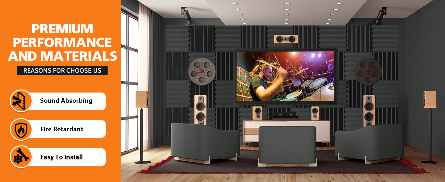 Акустичні панелі зі звукопоглинаючого поролону самоклеючі, 48 шт, пірамідні панелі для шумоізоляції студії та офісу, чорні, 30x30x2.5 см