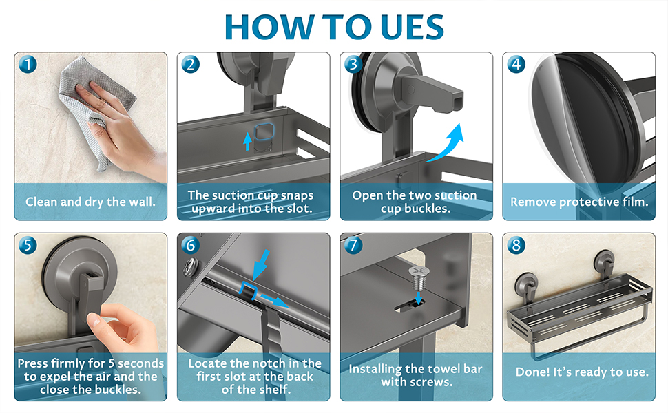 Настінна поличка для душу Onemake з присосками, 2 шт., 40 см, чорна матова