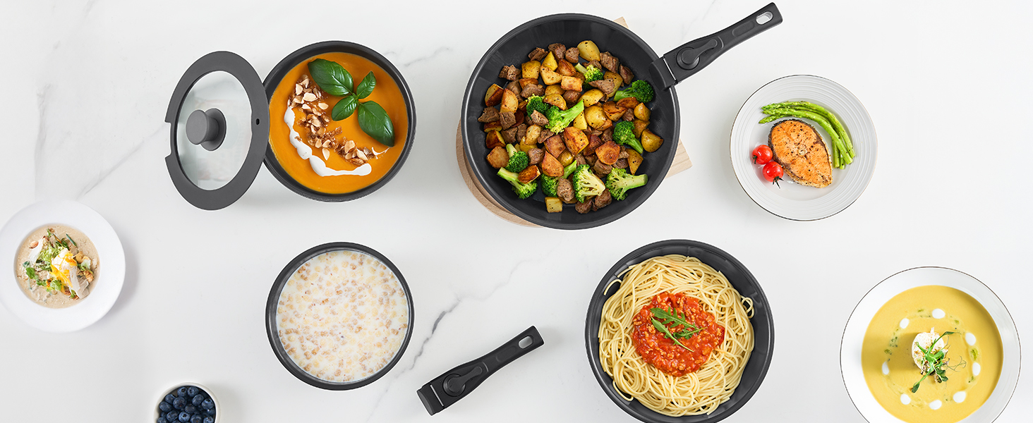 Набір каструль з керамічним покриттям 14 предметів, антипригарне покриття, індукційне дно, 24/28 см сковороди, для всіх типів плит, сумісний з духовкою