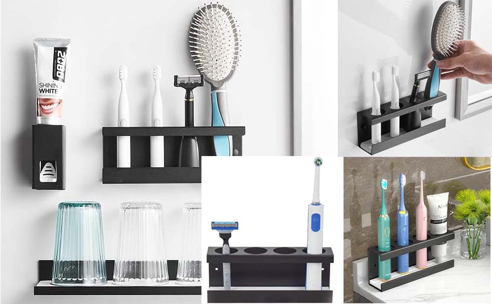 Тримач для електричної зубної щітки, алюмінієвий, без свердління, чорний, 3 слоти