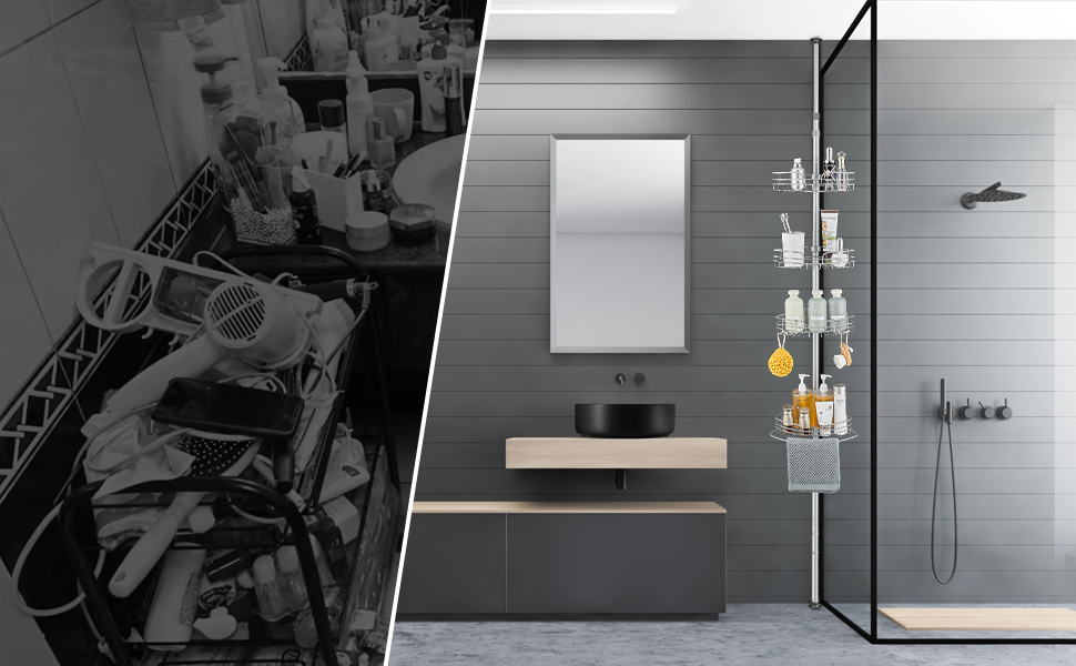 DUFU Кутовий полиця для душу з 4 кошиками, металева, регульована висота 73-265см, без свердління, антиковзаюча, сіра