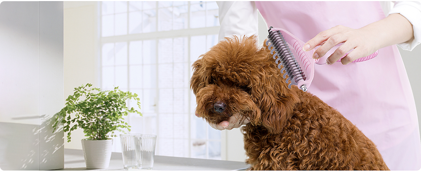 Щітка для собак та котів, гребінець для тварин з нержавіючої сталі 12+23 зубці, двостороння для видалення шерсті та розплутування, для дому (L, вишня, рожевий)