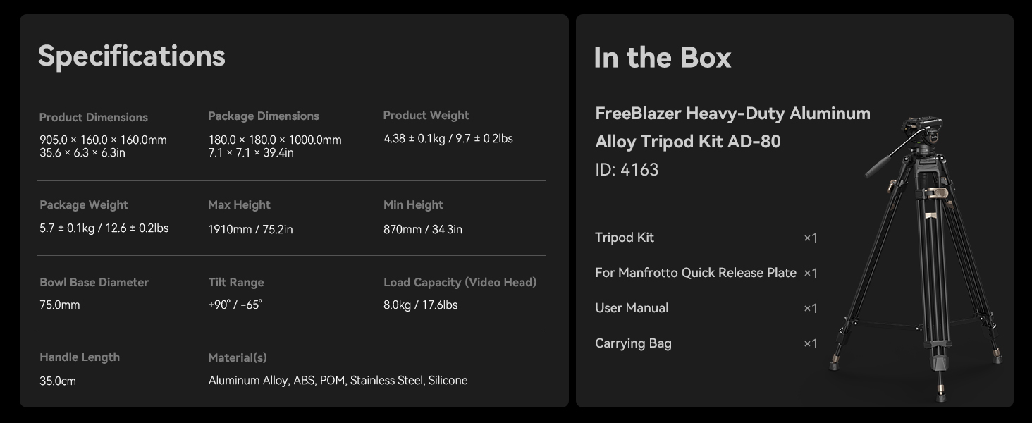 Професійний відеоштатив SmallRig AD-80 FreeBlazer (4163) з гідравлічною головою, алюмінієвий, навантаження до 8 кг