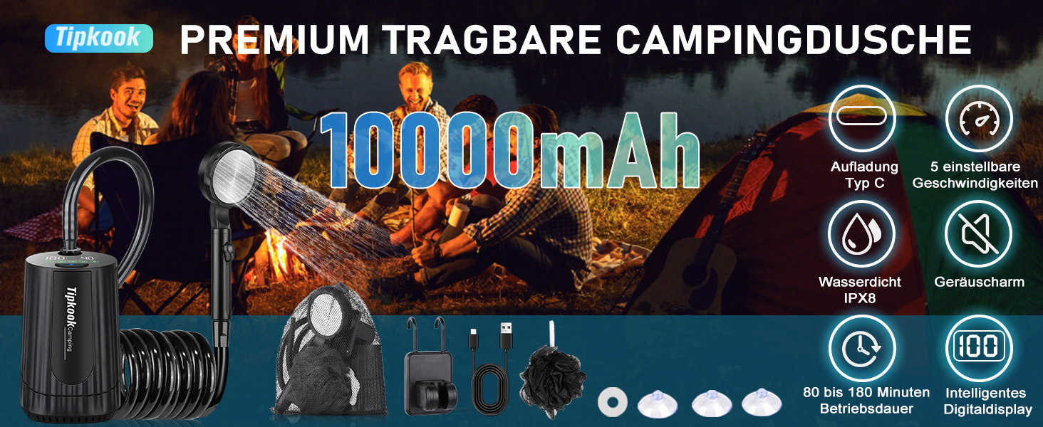 Набір для душу в кемпінг Tipkook з насосом, 10000mAh, цифровий дисплей, для відпочинку, подорожей, миття тварин та авто, чорний