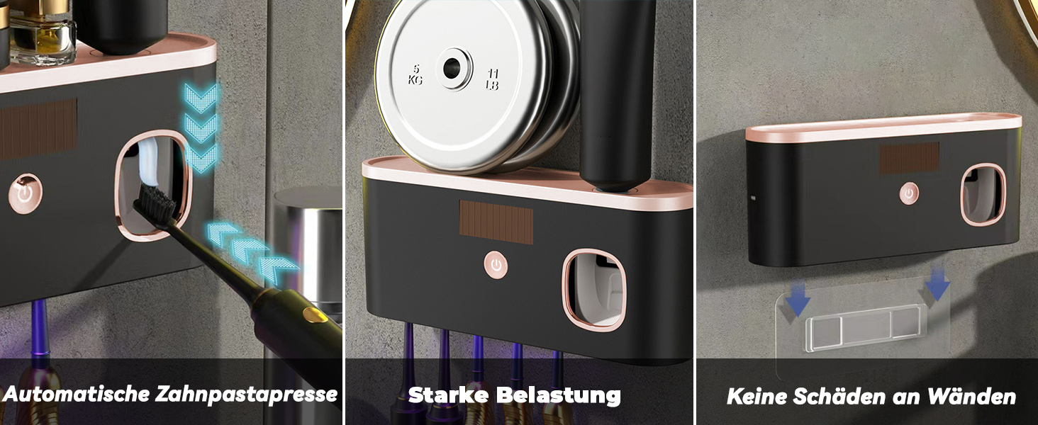 Автоматичний диспенсер зубної пасти з UV-дезінфекцією та тримачем для зубних щіток на 6 щіток, монтаж без свердління. Підходить для дітей та дорослих. Чорний колір