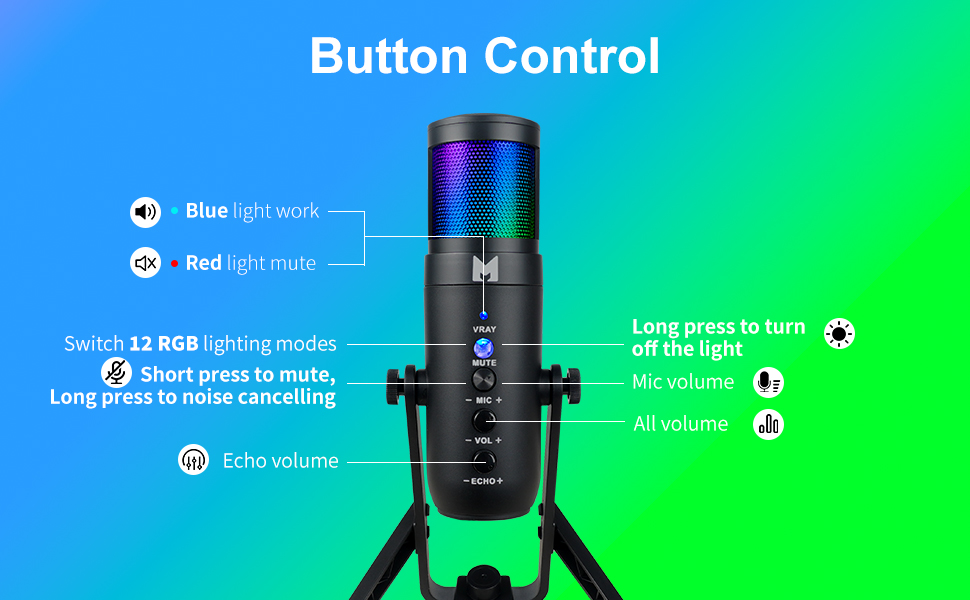 USB мікрофон для ПК, геймінгу, стрімінгу, подкастів та запису голосу. RGB-підсвітка, сумісний з телефоном, ПК, PS4, PS5 та Mac