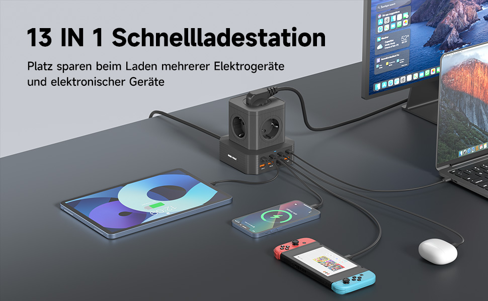 Мережевий фільтр з USB-портами Power Tower - зарядний станція для дому, офісу та студентів. 5 розеток AC, 8 USB (4 USB-C), 2м кабелю, захист від перевантаження