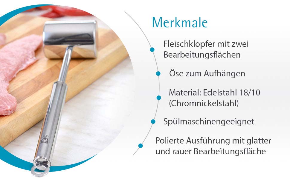 Молоток для м'яса GRÄWE з нержавіючої сталі, двосторонній відбійний молоток з гладкою та рифленою поверхнею, 28 см