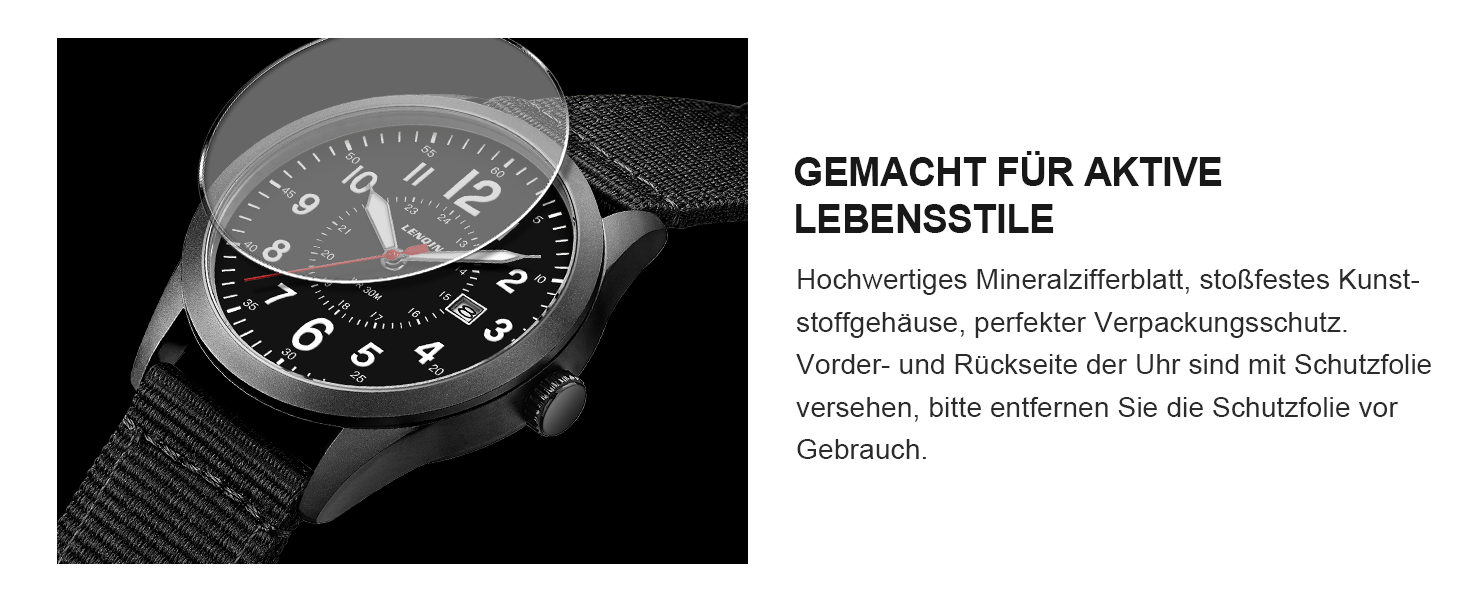Годинник чоловічий LN LENQIN Military 30M водостійкий, кварцовий годинник з датою, тактичний годинник з нейлоновим ремінцем, чорний