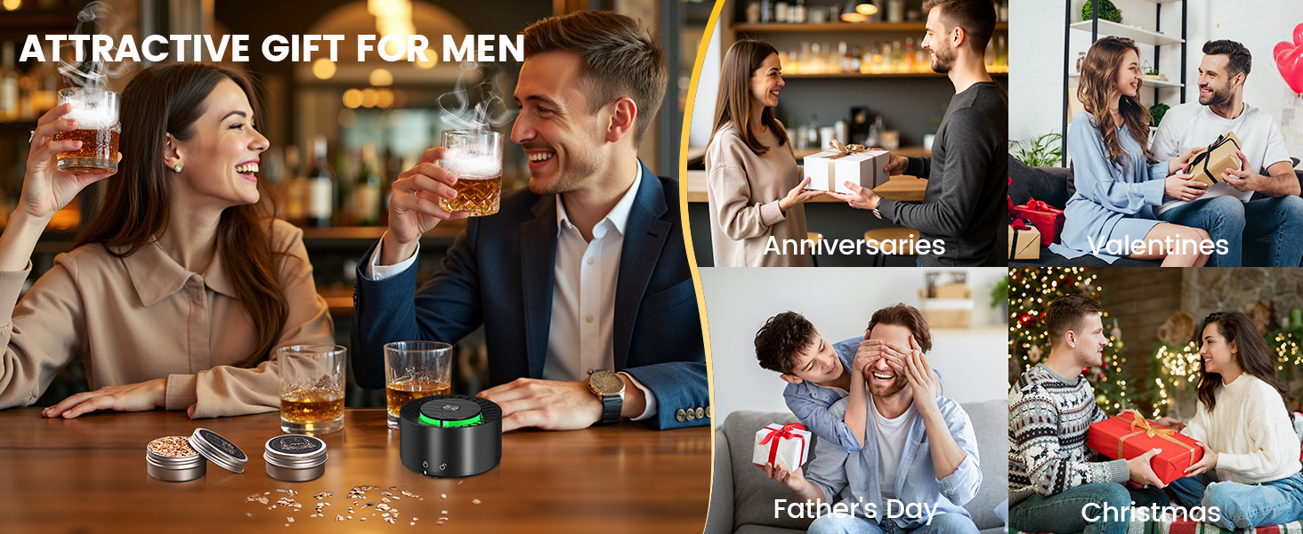 Електричний набір для копчення віскі з 2 склянками, 6 смаків дерев'яної стружки, 2 форми для кубиків льоду, для коктейлів Bourbon Old Fashioned, подарунок для чоловіків, батьків, коханих, без бутану