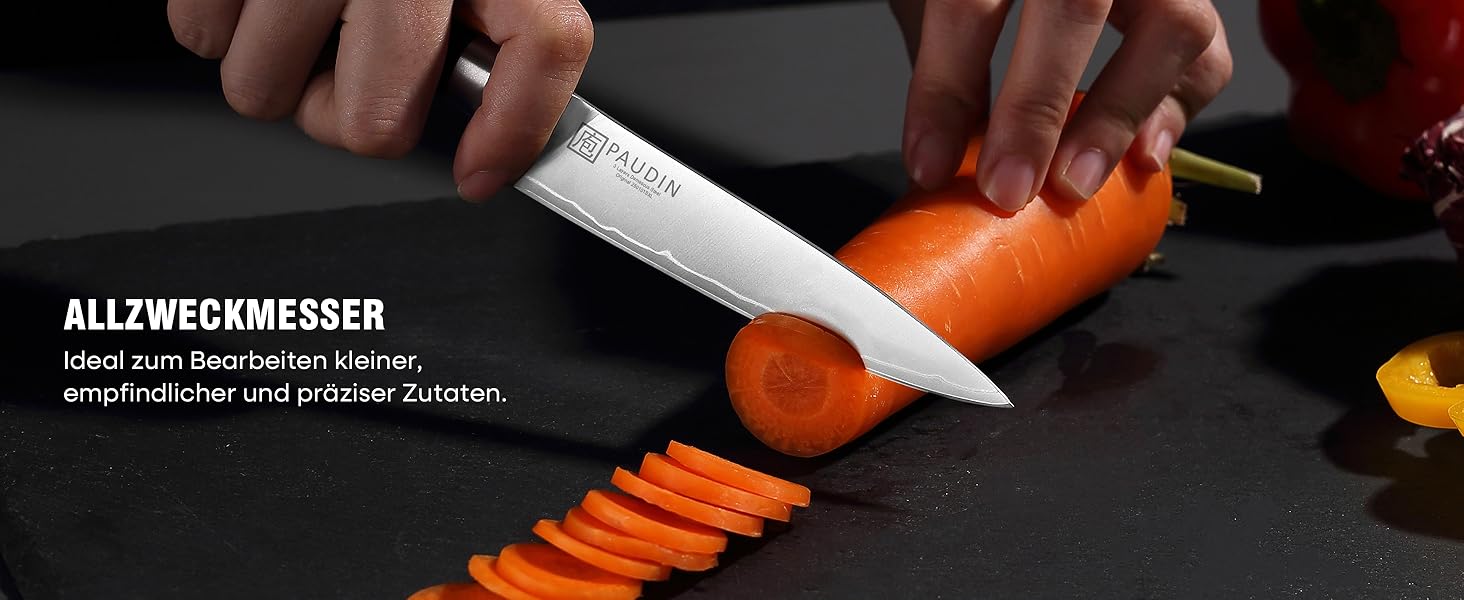 Набір кухонних ножів PAUDIN: кухонний ніж, сантоку, універсальний, овочевий - професійні, гострі, з нержавіючої сталі 10Cr15CoMoV (62 HRC), з ергономічною дерев'яною ручкою (2 ножі)