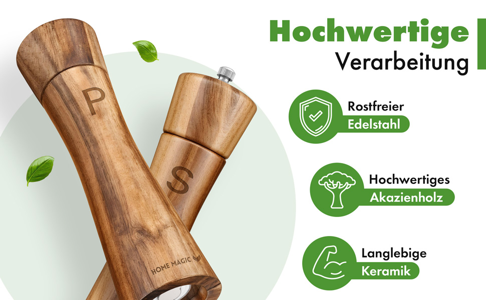 Набір з 2 мельниць для солі та перцю Pfeffermühle Holz з акації з підставкою | Преміум якість, керамічний механізм
