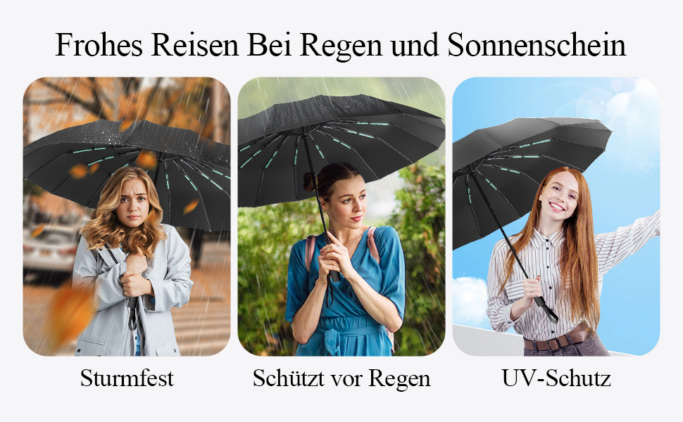 Стійкий до вітру парасолька: компактний автоматичний парасолька великого розміру з 16 ребрами, тефлонове покриття 210T, анти-UV, чорний