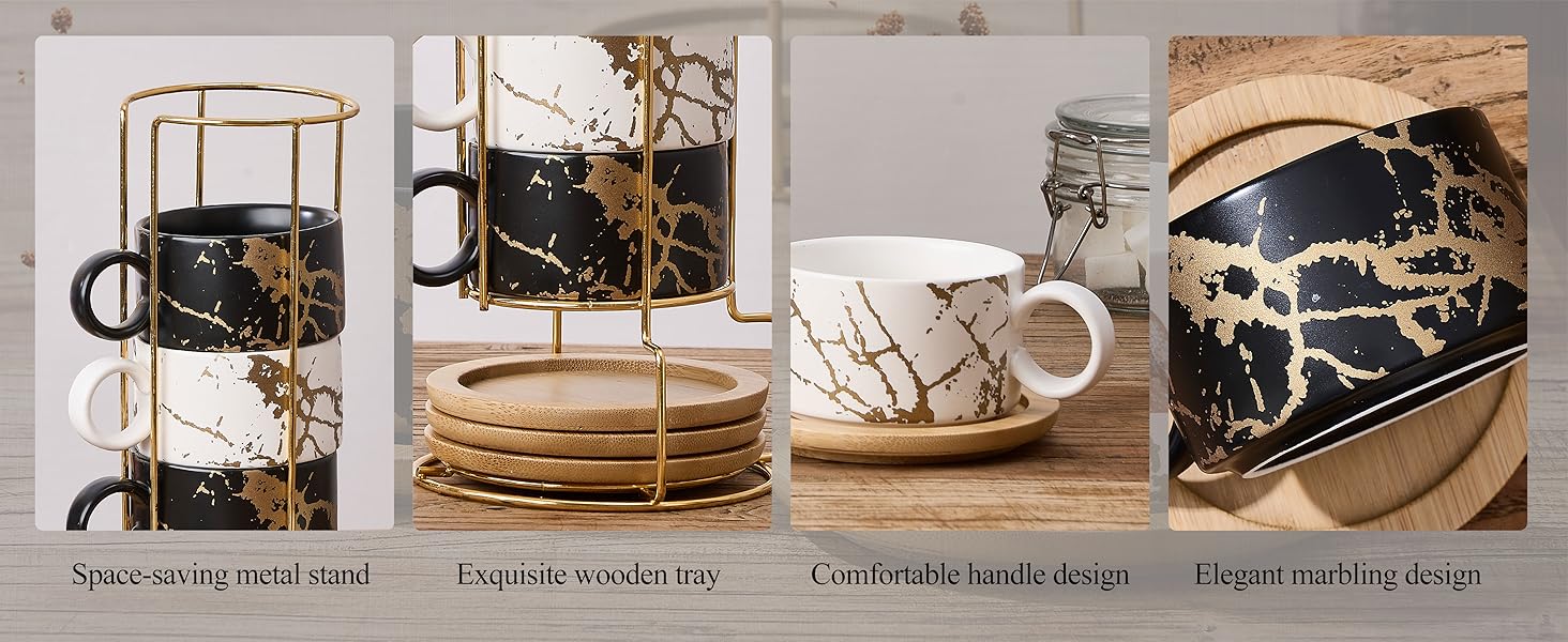 Набір чашок кавових Cappuccino HOME DECOR - 4 шт. по 160 мл з підставками та стійкою - 160 мл, кераміка, для еспресо, капучино, лате, мармурова колекція