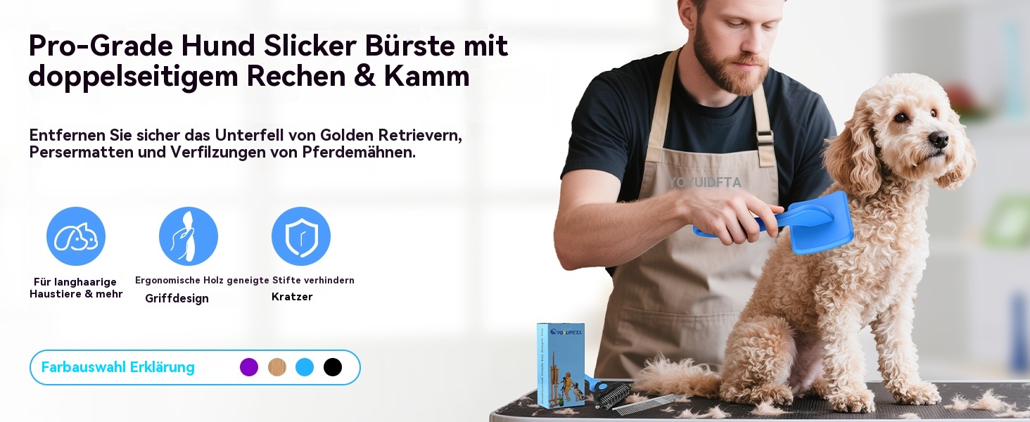 Набір для грумінгу собак великих порід Slicker Bürste: щітка, гребінець для підшерстя та гребінець з нержавіючої сталі. Підходить для собак та котів з підшерстям (голден ретрівер, австралійська вівчарка). Колір: блакитний