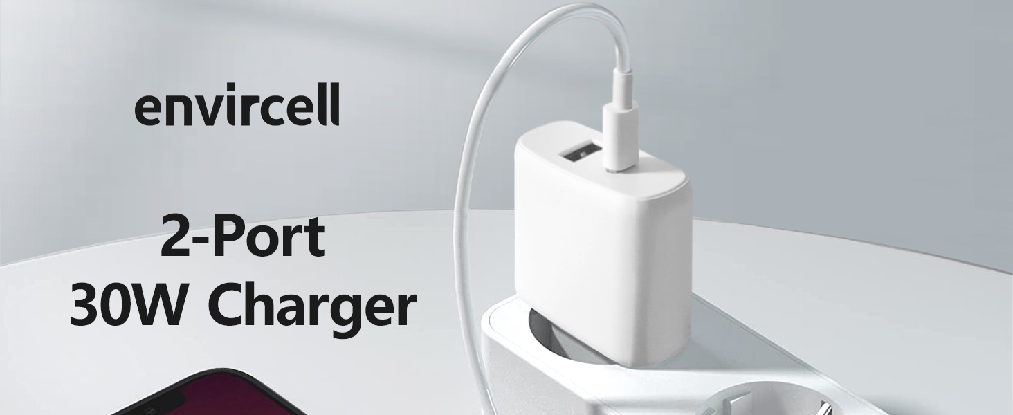 Швидкий зарядний пристрій Envircell USB-C GaN 30W з 2 портами (USB-C та USB-A), PD 3.0, білий. Сумісний з iPhone, Samsung та іншими телефонами.
