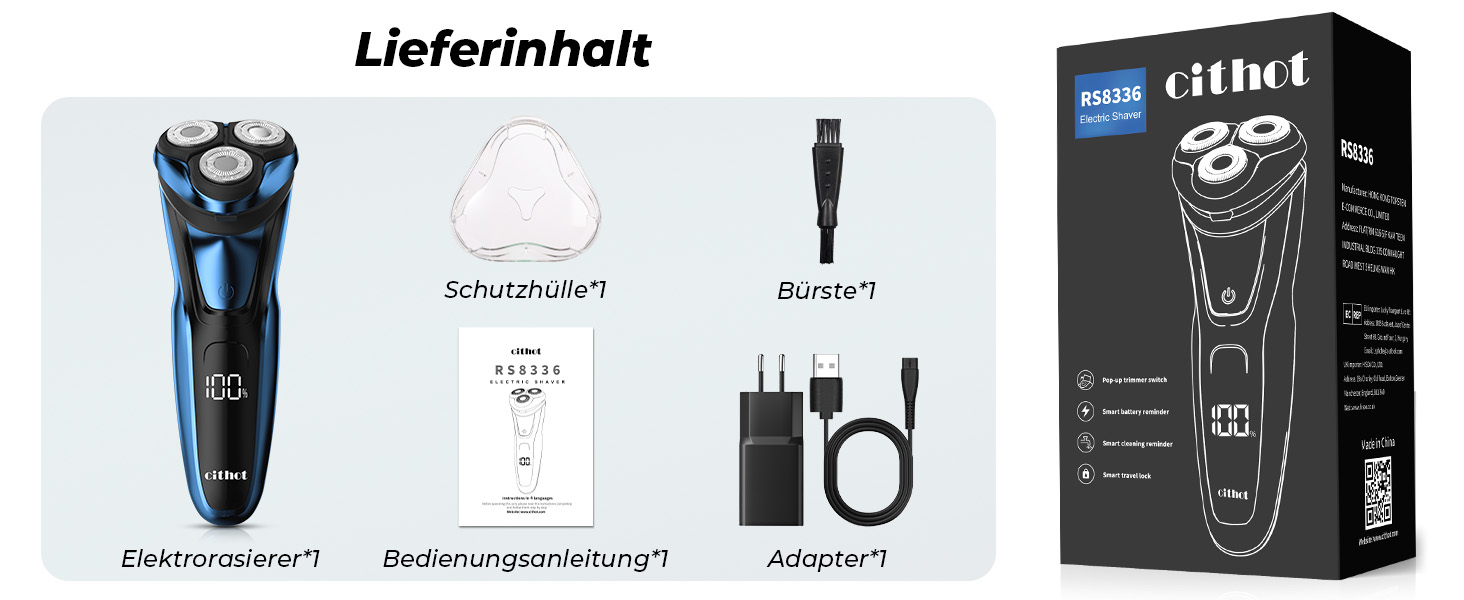 Електричний чоловічий бритва CITHOT RS8336: вологе та сухе гоління, прецизійний тример, IPX7, синій