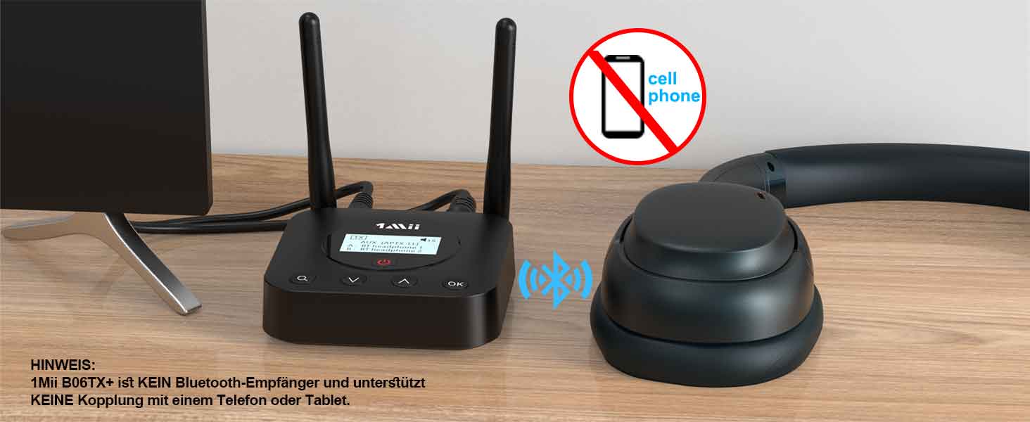 1Mii Bluetooth 5.2 Передавач для ТВ з aptX HD та низькою затримкою, велика дальність дії, аудіоадаптер для 2 навушників або динаміків, 3,5mm AUX/Оптичний/Коаксіальний вихід, регулювання гучності (B06TX+)