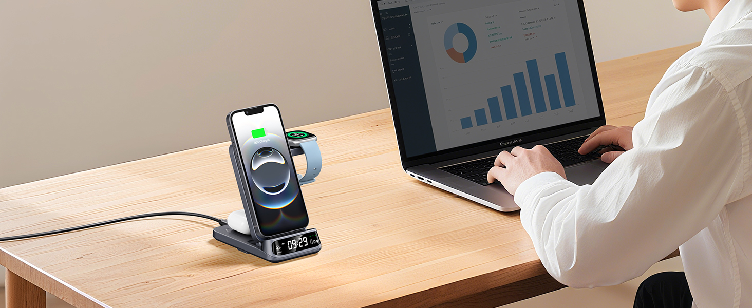 Бездротовий зарядний пристрій 3-в-1 для Fitbit, iPhone, Samsung, AirPods, SwanScout 708FB (без адаптера)