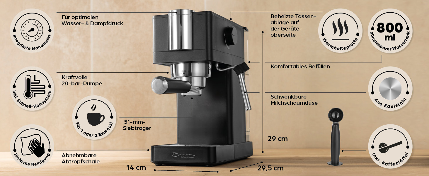 Еспресо-машина Barista Siebträger Slim: нержавіюча сталь, 20-барна помпу, термоблок, об'єм 800 мл, підігрів чашок