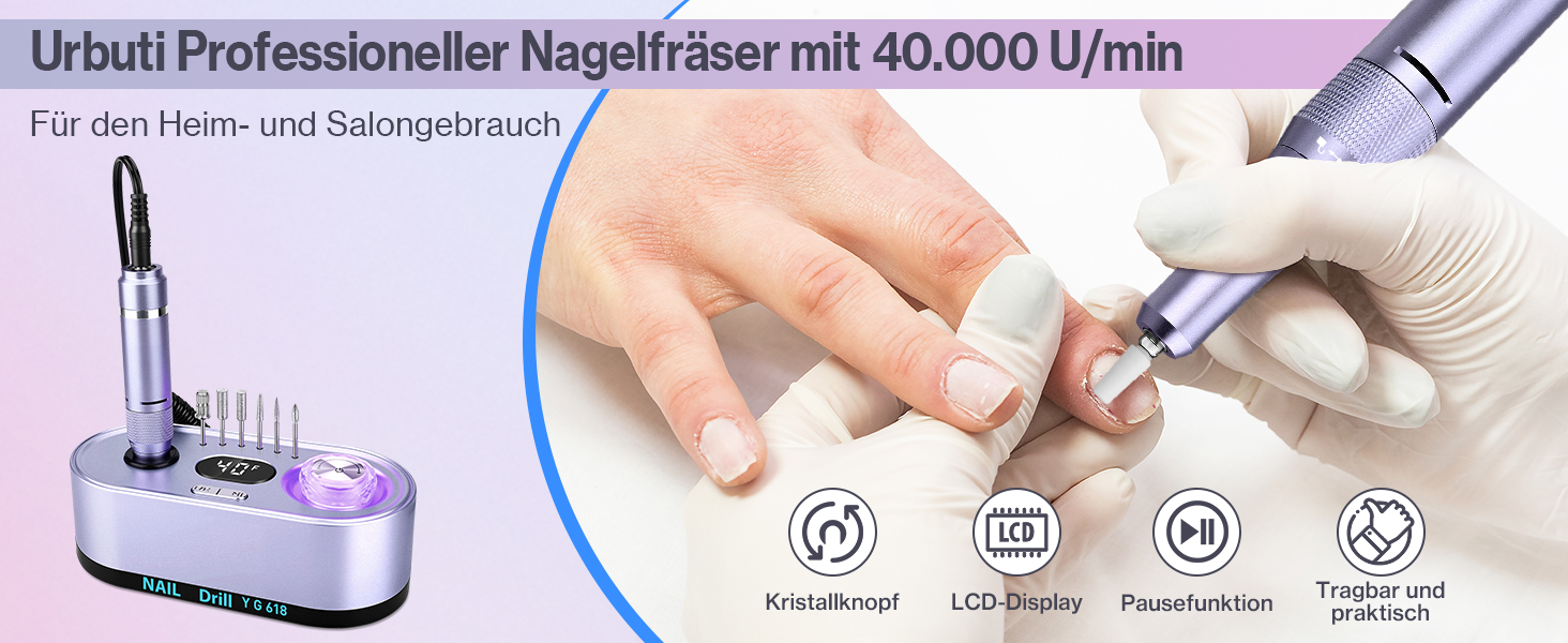 Електрична нігтьова фрезерна машинка для манікюру та педикюру, 40000 об/хв, LCD дисплей, професійний набір, фіолетовий