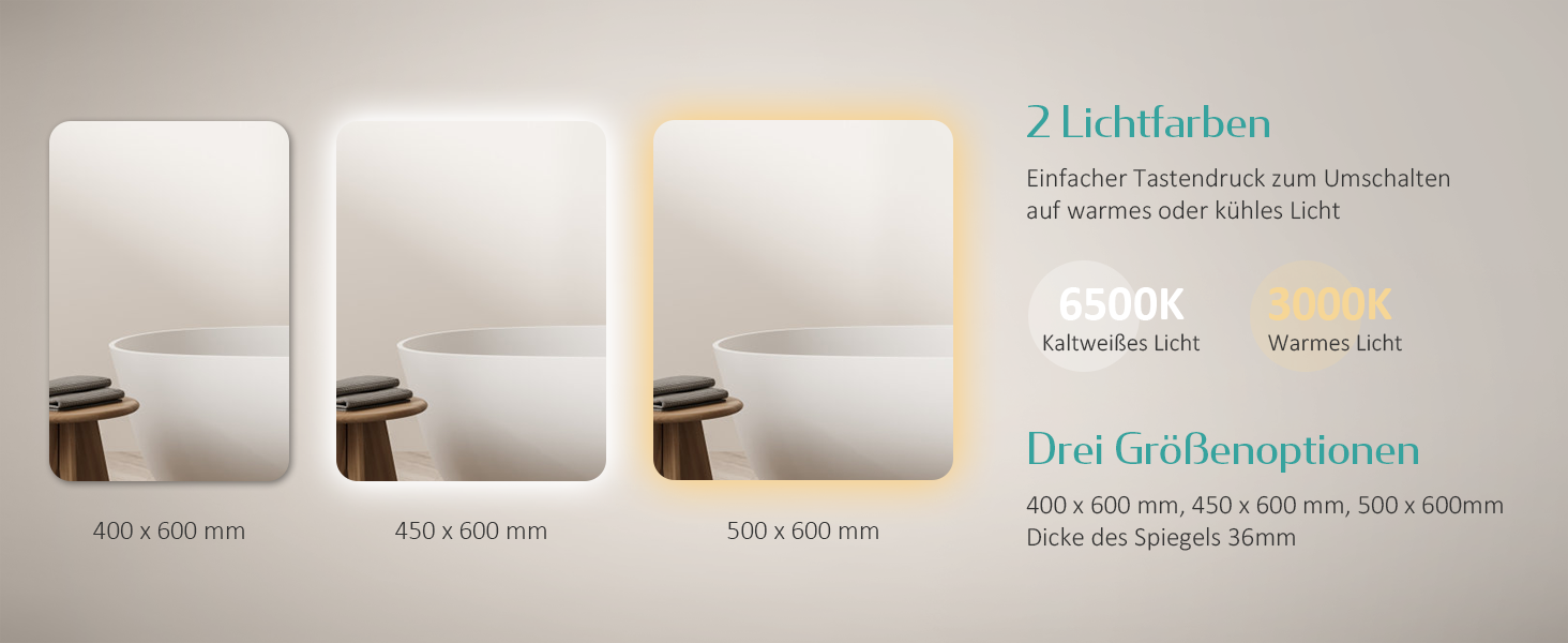 Дзеркало для ванної кімнати EMKE з підсвічуванням 50x70 см, запобігання запотіванню, 3 кольори світла, регулювання яскравості, сенсорне управління, функція пам'яті та автоматичне вимкнення через 3 години, ідеально для ванної кімнати (60 x 40 см)