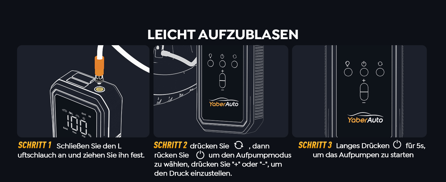 Портативний пусковий пристрій YaberAuto YA70 з компресором 150 PSI, акумулятором 21800 mAh та світлодіодним ліхтарем 300 люменів. 4-в-1: пусковий пристрій, павербанк, компресор та ліхтар з LCD екраном.
