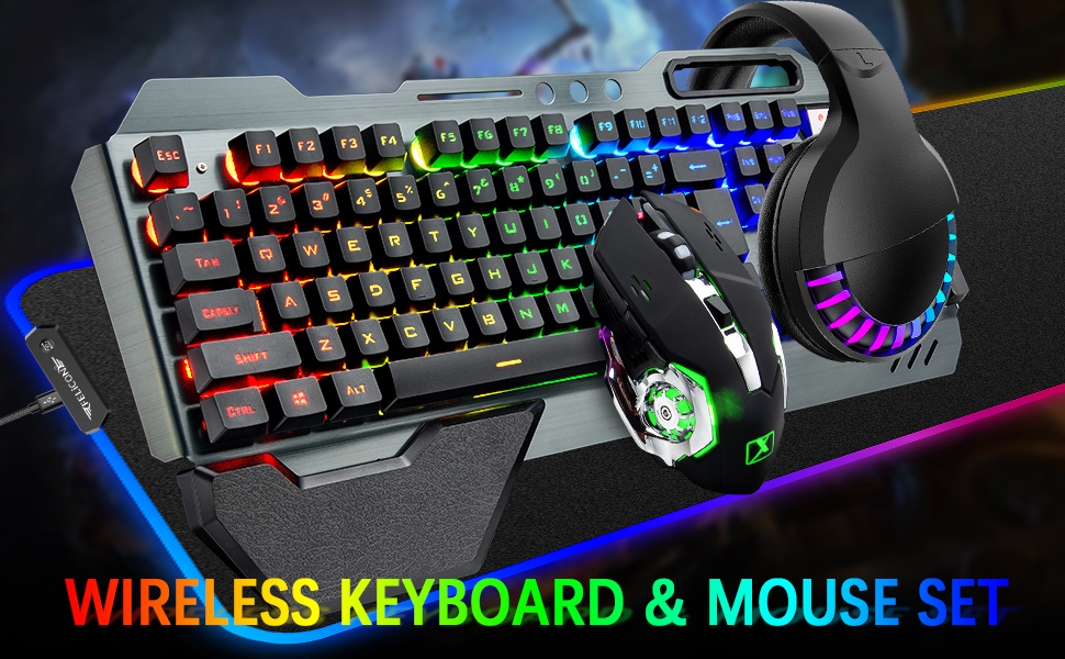 Набір бездротової клавіатури, миші та гарнітури для геймінгу, 4 в 1, RGB підсвічування, клавіатура з підставкою для зап'ястя, миша та Bluetooth-гарнітура
