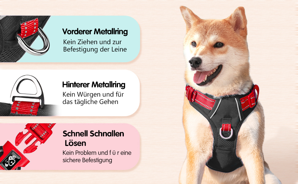 Шлейка для собак PHOEPET Anti-Zug з відбиваючими елементами, регульована, для цуценят та собак різних розмірів (S, чорна база & червоні ремінці)