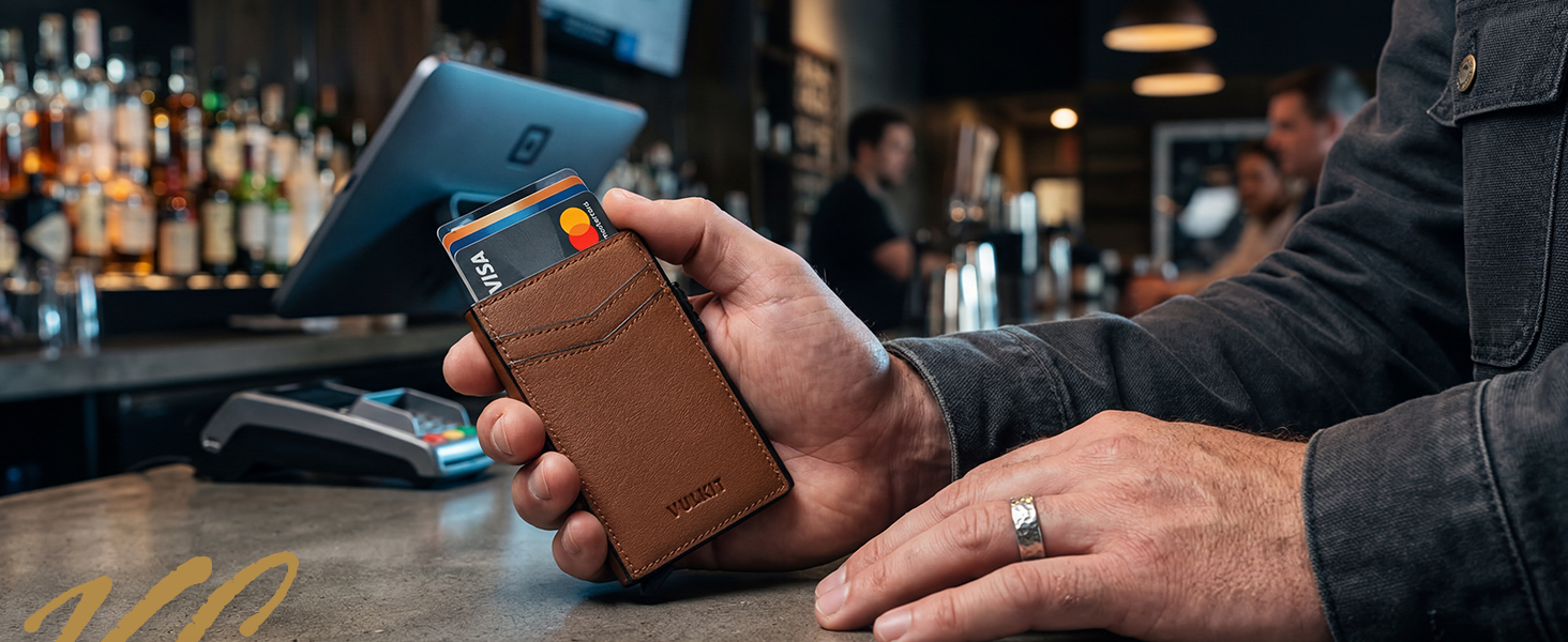 Гаманець-картхолдер VULKIT шкіряний RFID захист, автоматичний механізм для візиток та карток, темно-синій