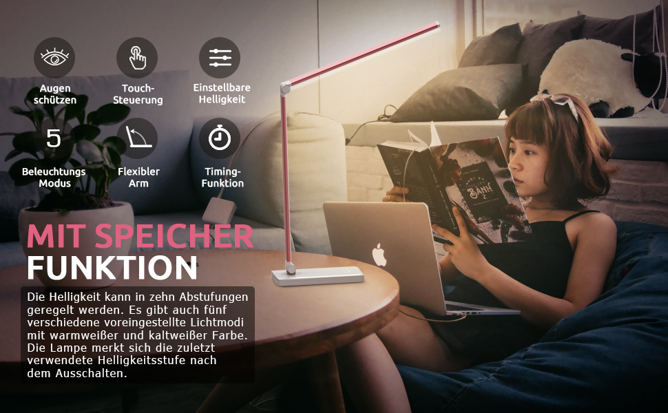 LED лампа настільна дитяча регульована рожева з акумулятором 2500mAh, 5 кольорів, 10 рівнів яскравості, сенсорне управління, складана