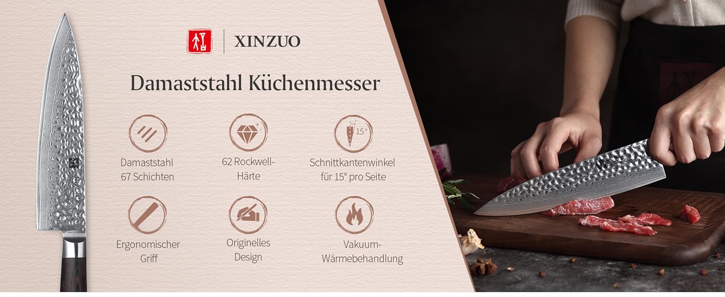Ніж кухарський XINZUO Gyuto 20.1 см з дамаської сталі, професійний, серія He