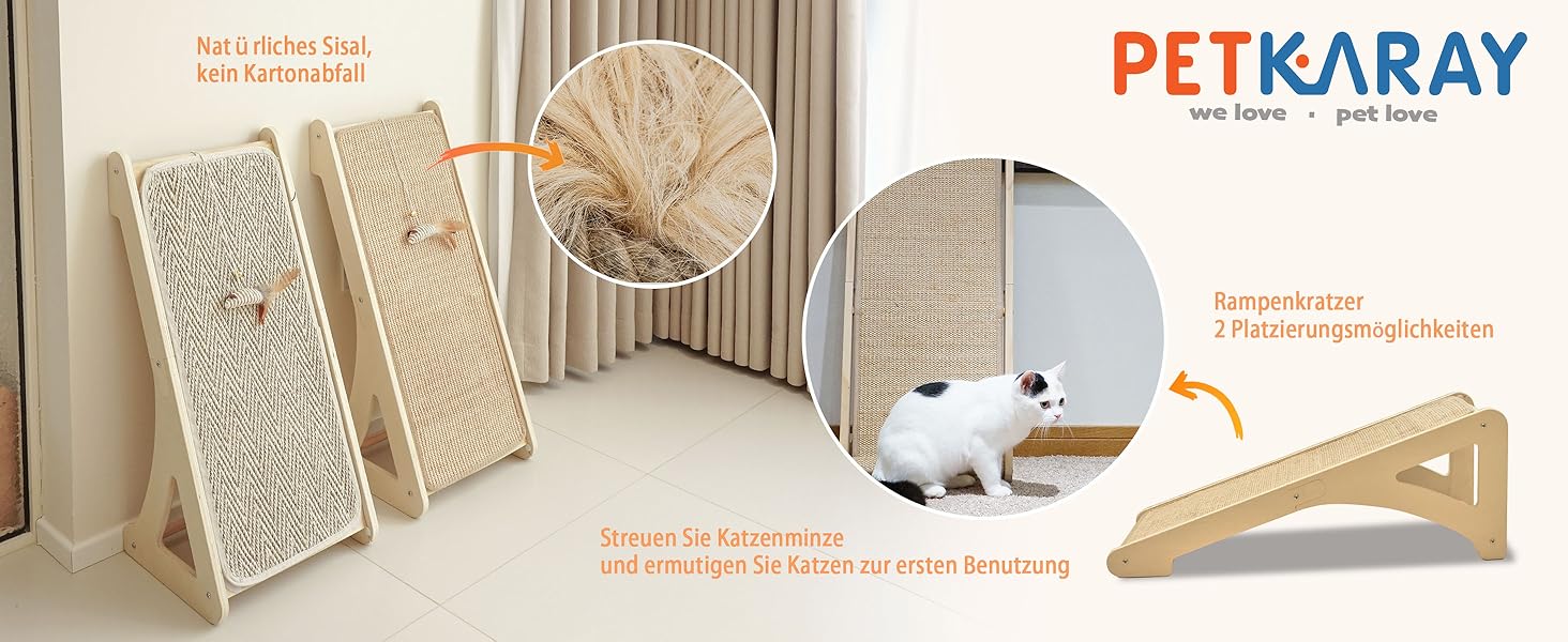 PETKARAY Драбина-кіготь для котів, L-подібна, 68 см, з сизалю, для стіни та кута, з котячою м'ятою та іграшкою-мишкою