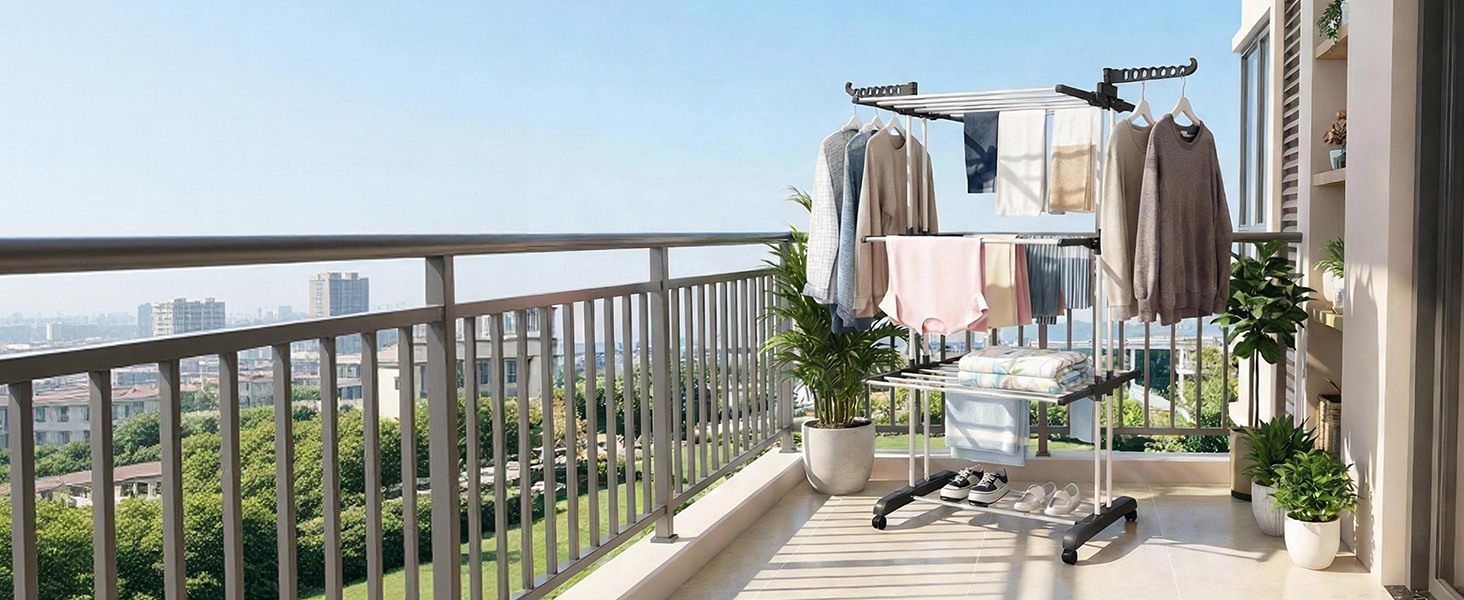 Сушарка для білизни Tower з колесами | 4-ярусна сушарка з нержавіючої сталі з 6 відкидними крилами та 2 боковими сторонами | 76x50x172 см | Компактна, складна для балкона, ванної кімнати та саду | Чорний