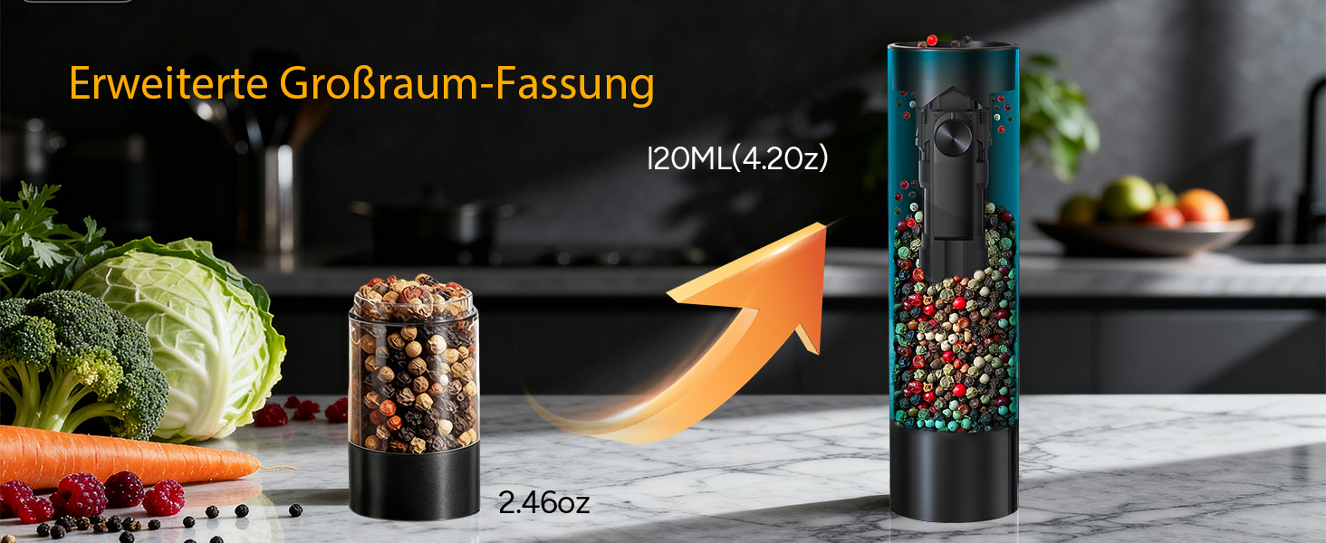 Електричні соляні та перечні млини, верхнє завантаження, 5-рівневе регулювання помелу, об'єм 120мл, набір 2 шт. з підсвічуванням LED