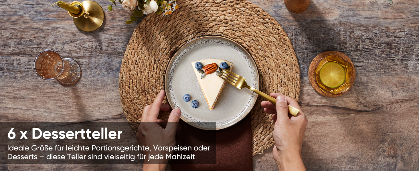 Набір посуду HaWare на 6 осіб, 18 предметів: тарілки, десертні тарілки, миски. З реактивною глазур’ю, стійкий до миття в посудомийній машині та використання в мікрохвильовій печі, бежевий колір.