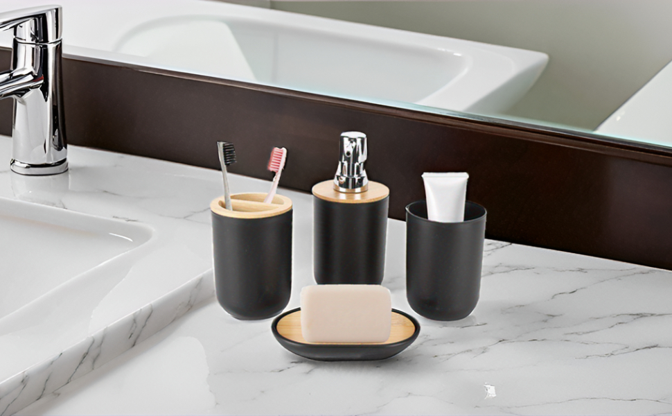 Набір аксесуарів для ванної кімнати на 4 частини (тримач для зубних щіток, мильниця, дозатор для лосьйону, стакан для ополіскувача), сучасний дизайн, чорний колір
