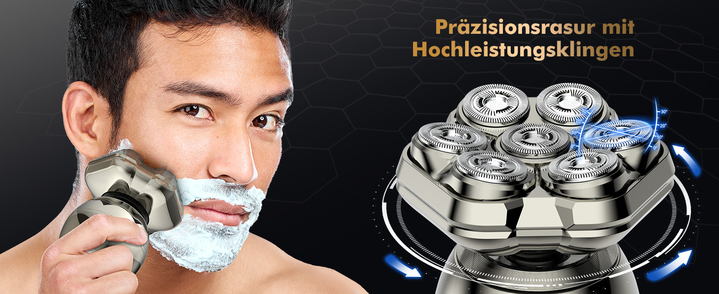 Електричний голкострум для гоління голови чоловічий 6-в-1 з плаваючою голівкою 7D, IPX7, вологостійкий, з тримером для носа - ідеальний для подорожей